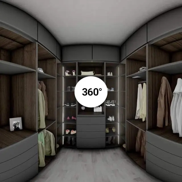 Dark walnut walk-in closet 360 preview