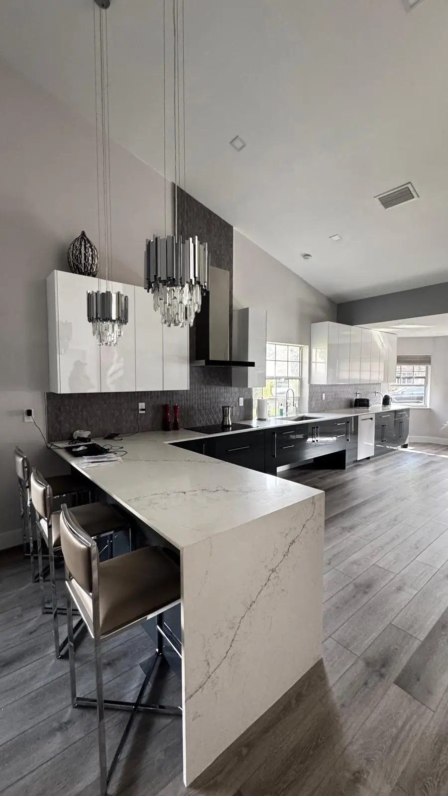 Modern black and white open kitchen