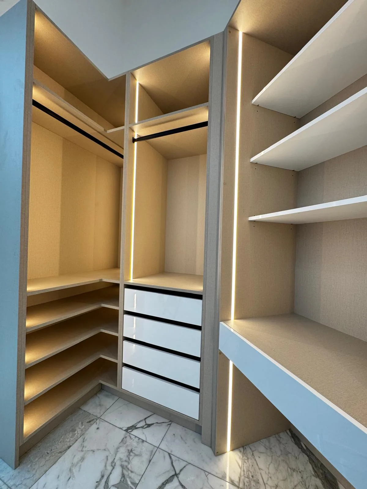 Closet with beverage fridge and LED lighting