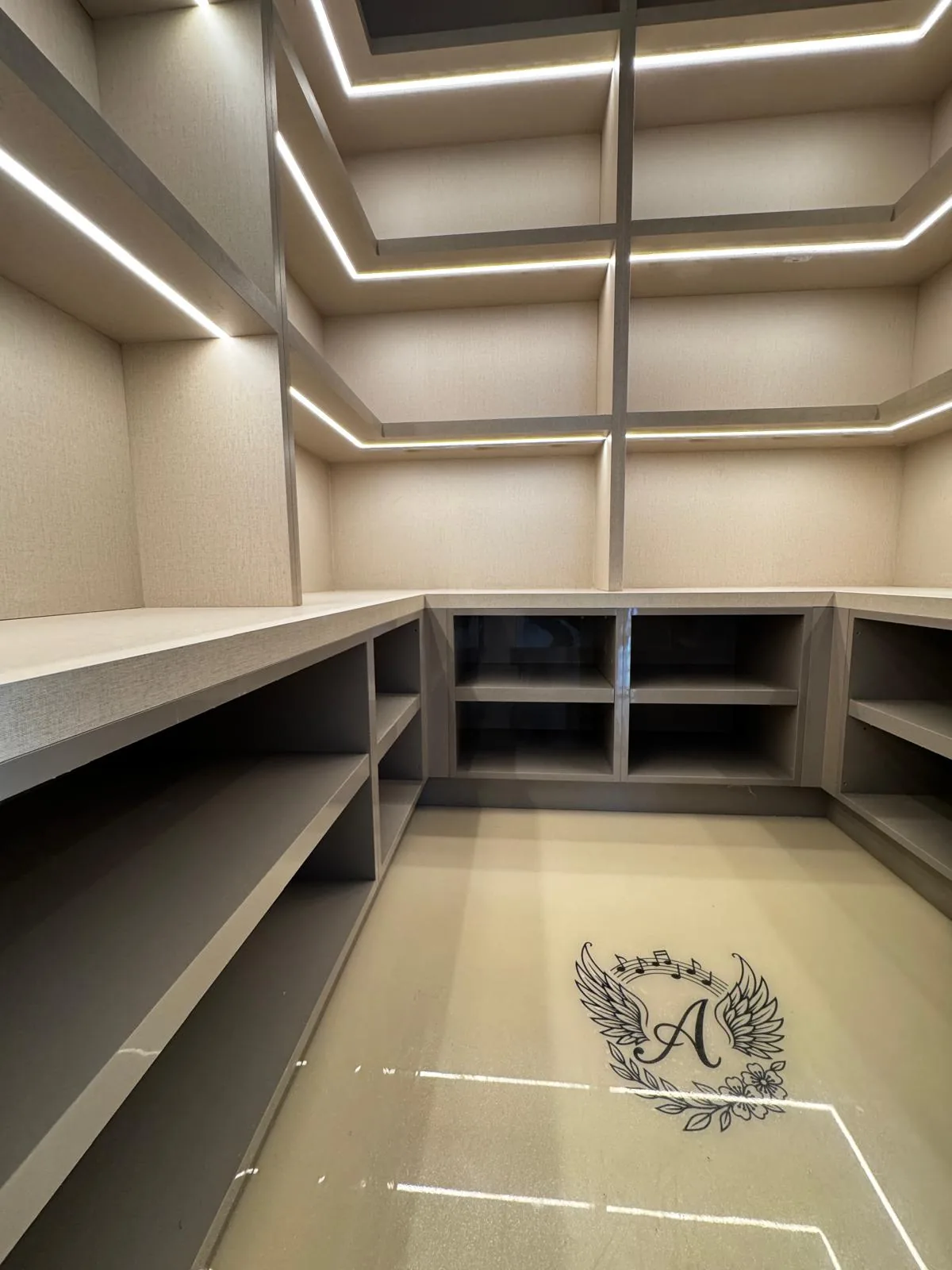 Custom closet lower open cabinets